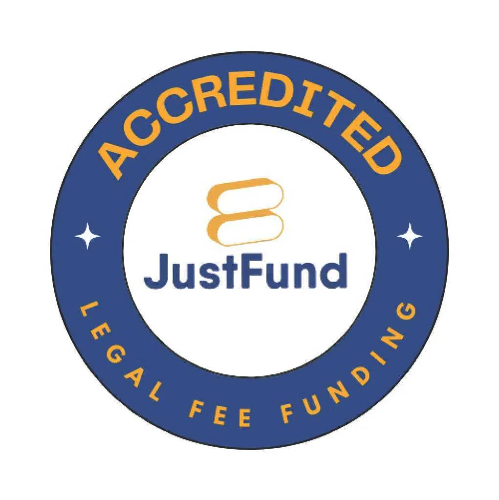 Accredited JustFund logo with blue and orange circular design and text "Legal Fee Funding